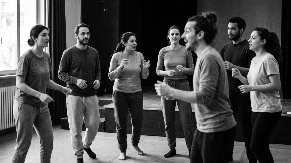 Text reads “TIPOLOGIE DI TEATRO SOCIALE” above a theater group rehearsing.