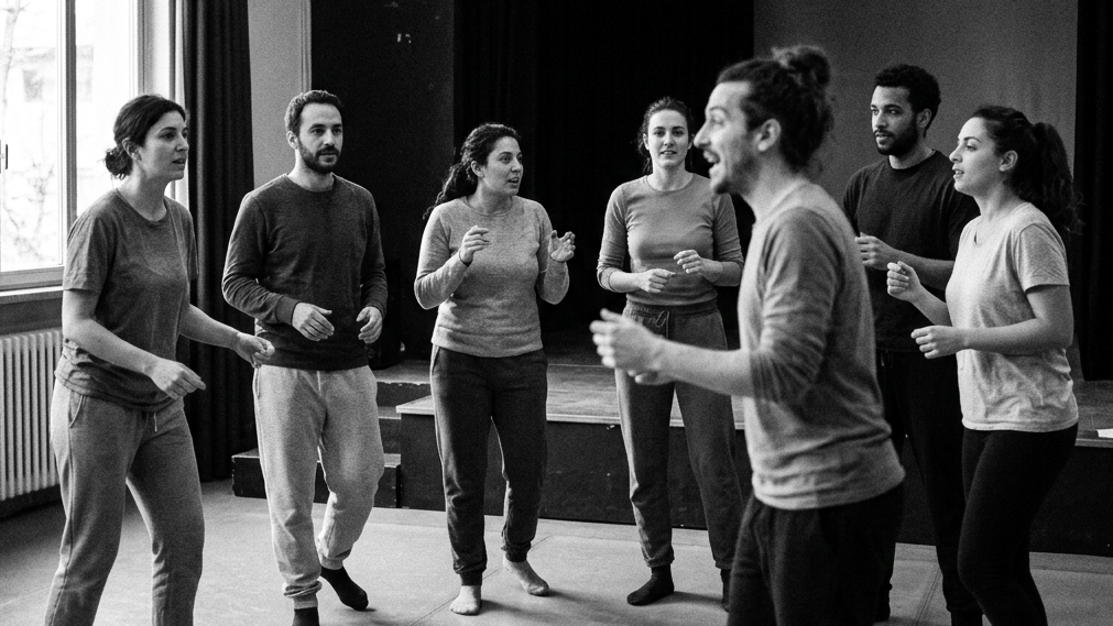 Text reads “TIPOLOGIE DI TEATRO SOCIALE” above a theater group rehearsing.