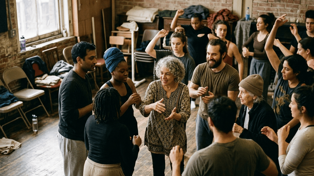 Diverse group practicing movement together in a brick-walled dance studio