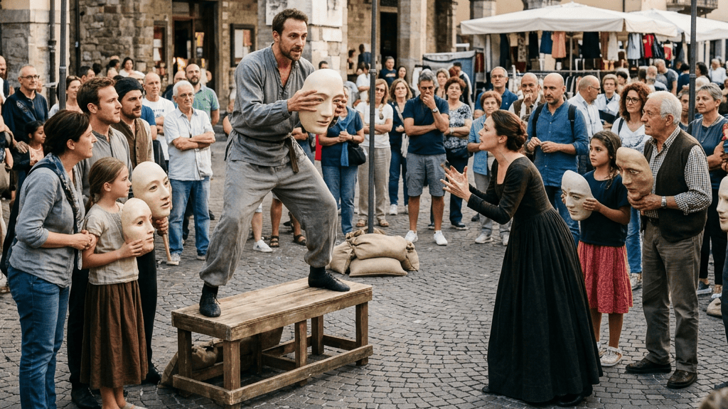 Street theater performance with masked actors and crowd beneath banner reading TEATRO SOCIALE E DI COMUNITÀ