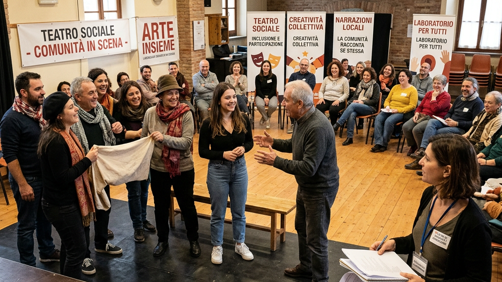 Community theater participants gather beneath banners in a rehearsal room