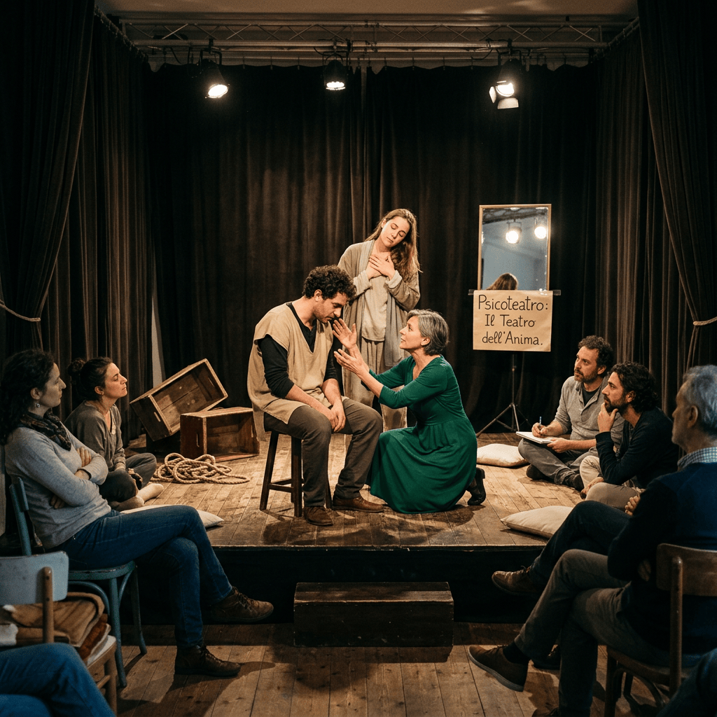 Psychodrama workshop with participants and sign reading “Psicoteatro: Il Teatro dell’Anima.”
