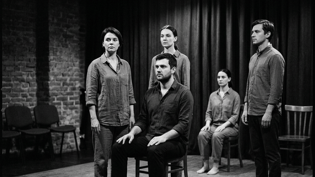 Five barefoot performers rehearsing on a theater stage under a spotlight