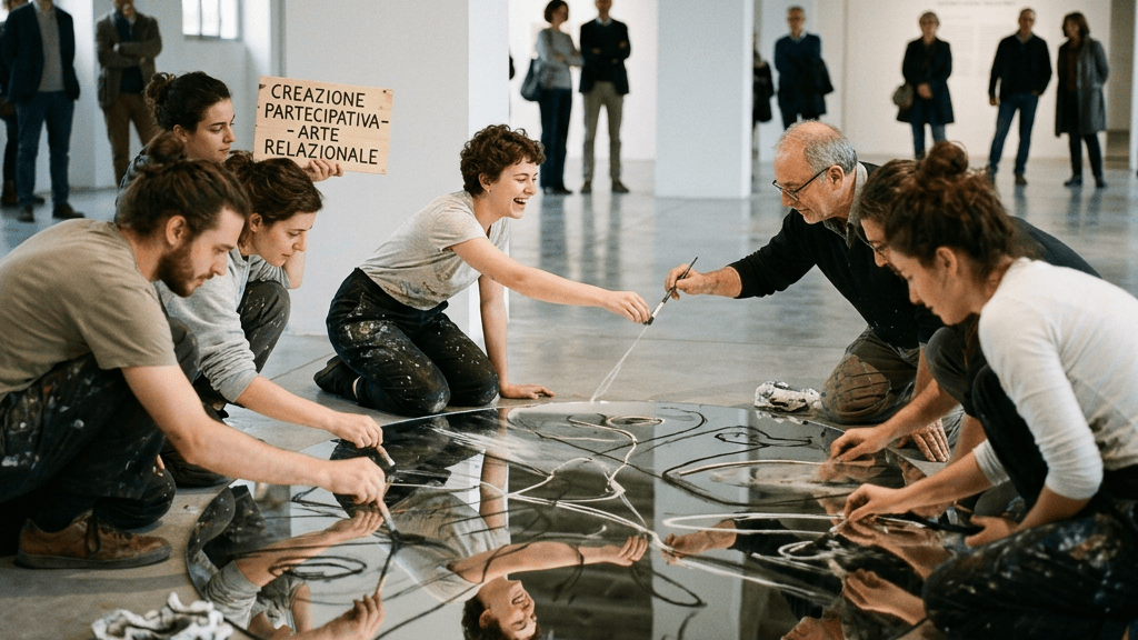 Artists and visitors create a collaborative artwork on a mirrored floor.