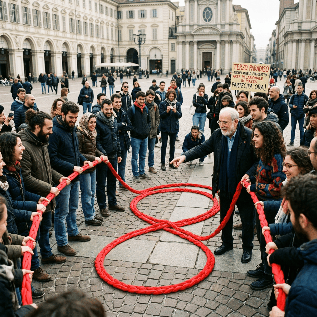 People form a red-rope infinity symbol; sign reads “TERZO PARADISO MICHELANGELO PISTOLETTO ARTE RELAZIONALE IN PIAZZA PARTECIPA ORA!”